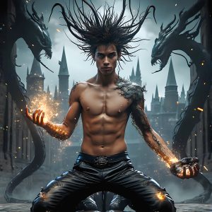 AI male art photos with a fantastical atmosphere. Imagine a Hogwarts School of Witchcraft student, from the Harry Potter series, a handsome, beautiful, and attractive, shirtless young teenage boy, standing firm against a threat. With a detailed Hogwarts castle background, casting a powerful spell, conjuring creatures based on their assigned house crest. From Demonic snakes, powerful lions, fierce badgers, or a murder of Crows. Dementors floating ominously in a cloudy sky, and sparks, shadows, and cinematic lighting, offering an otherworldly vibe.