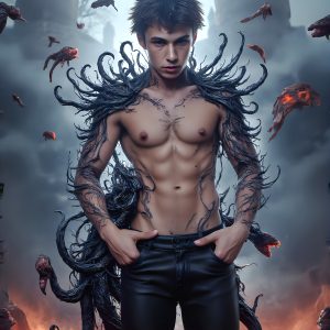 AI male art photos with a fantastical atmosphere. Imagine a Hogwarts School of Witchcraft student, from the Harry Potter series, a handsome, beautiful, and attractive, shirtless young teenage boy, standing firm against a threat. With a detailed Hogwarts castle background, casting a powerful spell, conjuring creatures based on their assigned house crest. From Demonic snakes, powerful lions, fierce badgers, or a murder of Crows. Dementors floating ominously in a cloudy sky, and sparks, shadows, and cinematic lighting, offering an otherworldly vibe.