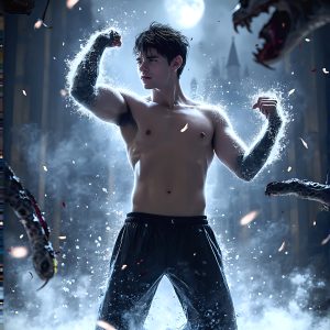 AI male art photos with a fantastical atmosphere. Imagine a Hogwarts School of Witchcraft student, from the Harry Potter series, a handsome, beautiful, and attractive, shirtless young teenage boy, standing firm against a threat. With a detailed Hogwarts castle background, casting a powerful spell, conjuring creatures based on their assigned house crest. From Demonic snakes, powerful lions, fierce badgers, or a murder of Crows. Dementors floating ominously in a cloudy sky, and sparks, shadows, and cinematic lighting, offering an otherworldly vibe.