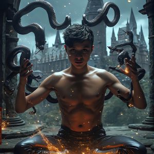 AI male art photos with a fantastical atmosphere. Imagine a Hogwarts School of Witchcraft student, from the Harry Potter series, a handsome, beautiful, and attractive, shirtless young teenage boy, standing firm against a threat. With a detailed Hogwarts castle background, casting a powerful spell, conjuring creatures based on their assigned house crest. From Demonic snakes, powerful lions, fierce badgers, or a murder of Crows. Dementors floating ominously in a cloudy sky, and sparks, shadows, and cinematic lighting, offering an otherworldly vibe.