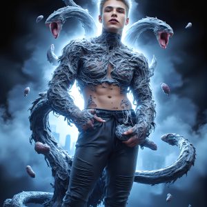 AI male art photos with a fantastical atmosphere. Imagine a Hogwarts School of Witchcraft student, from the Harry Potter series, a handsome, beautiful, and attractive, shirtless young teenage boy, standing firm against a threat. With a detailed Hogwarts castle background, casting a powerful spell, conjuring creatures based on their assigned house crest. From Demonic snakes, powerful lions, fierce badgers, or a murder of Crows. Dementors floating ominously in a cloudy sky, and sparks, shadows, and cinematic lighting, offering an otherworldly vibe.