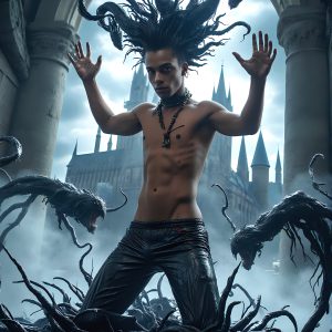 AI male art photos with a fantastical atmosphere. Imagine a Hogwarts School of Witchcraft student, from the Harry Potter series, a handsome, beautiful, and attractive, shirtless young teenage boy, standing firm against a threat. With a detailed Hogwarts castle background, casting a powerful spell, conjuring creatures based on their assigned house crest. From Demonic snakes, powerful lions, fierce badgers, or a murder of Crows. Dementors floating ominously in a cloudy sky, and sparks, shadows, and cinematic lighting, offering an otherworldly vibe.