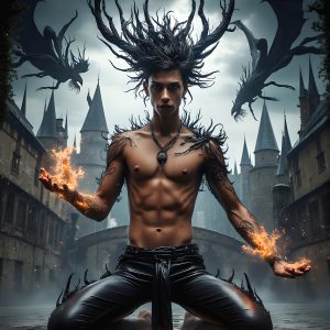AI male art photos with a fantastical atmosphere. Imagine a Hogwarts School of Witchcraft student, from the Harry Potter series, a handsome, beautiful, and attractive, shirtless young teenage boy, standing firm against a threat. With a detailed Hogwarts castle background, casting a powerful spell, conjuring creatures based on their assigned house crest. From Demonic snakes, powerful lions, fierce badgers, or a murder of Crows. Dementors floating ominously in a cloudy sky, and sparks, shadows, and cinematic lighting, offering an otherworldly vibe.