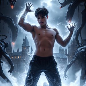 AI male art photos with a fantastical atmosphere. Imagine a Hogwarts School of Witchcraft student, from the Harry Potter series, a handsome, beautiful, and attractive, shirtless young teenage boy, standing firm against a threat. With a detailed Hogwarts castle background, casting a powerful spell, conjuring creatures based on their assigned house crest. From Demonic snakes, powerful lions, fierce badgers, or a murder of Crows. Dementors floating ominously in a cloudy sky, and sparks, shadows, and cinematic lighting, offering an otherworldly vibe.