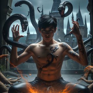 AI male art photos with a fantastical atmosphere. Imagine a Hogwarts School of Witchcraft student, from the Harry Potter series, a handsome, beautiful, and attractive, shirtless young teenage boy, standing firm against a threat. With a detailed Hogwarts castle background, casting a powerful spell, conjuring creatures based on their assigned house crest. From Demonic snakes, powerful lions, fierce badgers, or a murder of Crows. Dementors floating ominously in a cloudy sky, and sparks, shadows, and cinematic lighting, offering an otherworldly vibe.