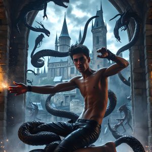 AI male art photos with a fantastical atmosphere. Imagine a Hogwarts School of Witchcraft student, from the Harry Potter series, a handsome, beautiful, and attractive, shirtless young teenage boy, standing firm against a threat. With a detailed Hogwarts castle background, casting a powerful spell, conjuring creatures based on their assigned house crest. From Demonic snakes, powerful lions, fierce badgers, or a murder of Crows. Dementors floating ominously in a cloudy sky, and sparks, shadows, and cinematic lighting, offering an otherworldly vibe.