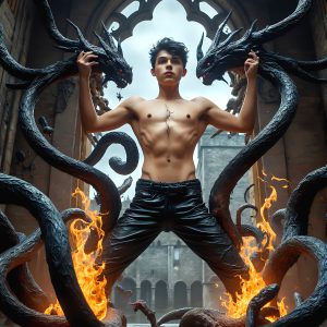 AI male art photos with a fantastical atmosphere. Imagine a Hogwarts School of Witchcraft student, from the Harry Potter series, a handsome, beautiful, and attractive, shirtless young teenage boy, standing firm against a threat. With a detailed Hogwarts castle background, casting a powerful spell, conjuring creatures based on their assigned house crest. From Demonic snakes, powerful lions, fierce badgers, or a murder of Crows. Dementors floating ominously in a cloudy sky, and sparks, shadows, and cinematic lighting, offering an otherworldly vibe.