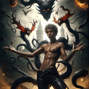 AI male art photos with a fantastical atmosphere. Imagine a Hogwarts School of Witchcraft student, from the Harry Potter series, a handsome, beautiful, and attractive, shirtless young teenage boy, standing firm against a threat. With a detailed Hogwarts castle background, casting a powerful spell, conjuring creatures based on their assigned house crest. From Demonic snakes, powerful lions, fierce badgers, or a murder of Crows. Dementors floating ominously in a cloudy sky, and sparks, shadows, and cinematic lighting, offering an otherworldly vibe.