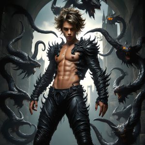 AI male art photos with a fantastical atmosphere. Imagine a Hogwarts School of Witchcraft student, from the Harry Potter series, a handsome, beautiful, and attractive, shirtless young teenage boy, standing firm against a threat. With a detailed Hogwarts castle background, casting a powerful spell, conjuring creatures based on their assigned house crest. From Demonic snakes, powerful lions, fierce badgers, or a murder of Crows. Dementors floating ominously in a cloudy sky, and sparks, shadows, and cinematic lighting, offering an otherworldly vibe.