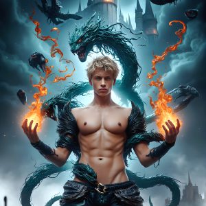 AI male art photos with a fantastical atmosphere. Imagine a Hogwarts School of Witchcraft student, from the Harry Potter series, a handsome, beautiful, and attractive, shirtless young teenage boy, standing firm against a threat. With a detailed Hogwarts castle background, casting a powerful spell, conjuring creatures based on their assigned house crest. From Demonic snakes, powerful lions, fierce badgers, or a murder of Crows. Dementors floating ominously in a cloudy sky, and sparks, shadows, and cinematic lighting, offering an otherworldly vibe.