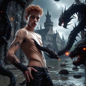 AI male art photos with a fantastical atmosphere. Imagine a Hogwarts School of Witchcraft student, from the Harry Potter series, a handsome, beautiful, and attractive, shirtless young teenage boy, standing firm against a threat. With a detailed Hogwarts castle background, casting a powerful spell, conjuring creatures based on their assigned house crest. From Demonic snakes, powerful lions, fierce badgers, or a murder of Crows. Dementors floating ominously in a cloudy sky, and sparks, shadows, and cinematic lighting, offering an otherworldly vibe.