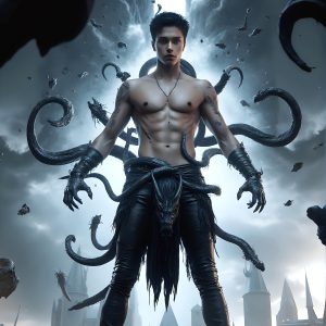 AI male art photos with a fantastical atmosphere. Imagine a Hogwarts School of Witchcraft student, from the Harry Potter series, a handsome, beautiful, and attractive, shirtless young teenage boy, standing firm against a threat. With a detailed Hogwarts castle background, casting a powerful spell, conjuring creatures based on their assigned house crest. From Demonic snakes, powerful lions, fierce badgers, or a murder of Crows. Dementors floating ominously in a cloudy sky, and sparks, shadows, and cinematic lighting, offering an otherworldly vibe.