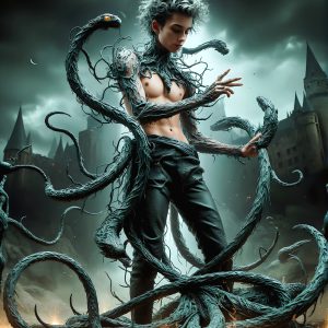 AI male art photos with a fantastical atmosphere. Imagine a Hogwarts School of Witchcraft student, from the Harry Potter series, a handsome, beautiful, and attractive, shirtless young teenage boy, standing firm against a threat. With a detailed Hogwarts castle background, casting a powerful spell, conjuring creatures based on their assigned house crest. From Demonic snakes, powerful lions, fierce badgers, or a murder of Crows. Dementors floating ominously in a cloudy sky, and sparks, shadows, and cinematic lighting, offering an otherworldly vibe.