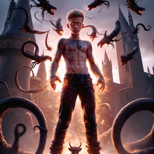 AI male art photos with a fantastical atmosphere. Imagine a Hogwarts School of Witchcraft student, from the Harry Potter series, a handsome, beautiful, and attractive, shirtless young teenage boy, standing firm against a threat. With a detailed Hogwarts castle background, casting a powerful spell, conjuring creatures based on their assigned house crest. From Demonic snakes, powerful lions, fierce badgers, or a murder of Crows. Dementors floating ominously in a cloudy sky, and sparks, shadows, and cinematic lighting, offering an otherworldly vibe.