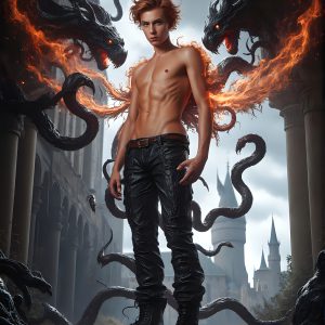 AI male art photos with a fantastical atmosphere. Imagine a Hogwarts School of Witchcraft student, from the Harry Potter series, a handsome, beautiful, and attractive, shirtless young teenage boy, standing firm against a threat. With a detailed Hogwarts castle background, casting a powerful spell, conjuring creatures based on their assigned house crest. From Demonic snakes, powerful lions, fierce badgers, or a murder of Crows. Dementors floating ominously in a cloudy sky, and sparks, shadows, and cinematic lighting, offering an otherworldly vibe.