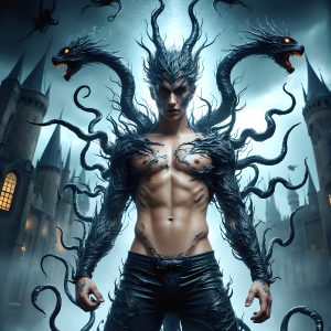 AI male art photos with a fantastical atmosphere. Imagine a Hogwarts School of Witchcraft student, from the Harry Potter series, a handsome, beautiful, and attractive, shirtless young teenage boy, standing firm against a threat. With a detailed Hogwarts castle background, casting a powerful spell, conjuring creatures based on their assigned house crest. From Demonic snakes, powerful lions, fierce badgers, or a murder of Crows. Dementors floating ominously in a cloudy sky, and sparks, shadows, and cinematic lighting, offering an otherworldly vibe.