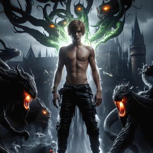 AI male art photos with a fantastical atmosphere. Imagine a Hogwarts School of Witchcraft student, from the Harry Potter series, a handsome, beautiful, and attractive, shirtless young teenage boy, standing firm against a threat. With a detailed Hogwarts castle background, casting a powerful spell, conjuring creatures based on their assigned house crest. From Demonic snakes, powerful lions, fierce badgers, or a murder of Crows. Dementors floating ominously in a cloudy sky, and sparks, shadows, and cinematic lighting, offering an otherworldly vibe.