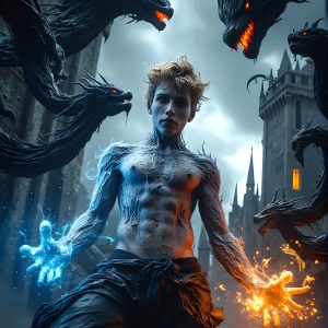 AI male art photos with a fantastical atmosphere. Imagine a Hogwarts School of Witchcraft student, from the Harry Potter series, a handsome, beautiful, and attractive, shirtless young teenage boy, standing firm against a threat. With a detailed Hogwarts castle background, casting a powerful spell, conjuring creatures based on their assigned house crest. From Demonic snakes, powerful lions, fierce badgers, or a murder of Crows. Dementors floating ominously in a cloudy sky, and sparks, shadows, and cinematic lighting, offering an otherworldly vibe.