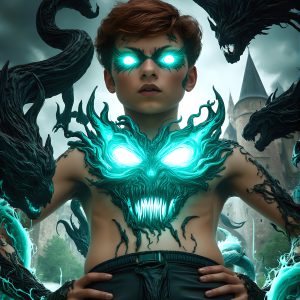 AI male art photos with a fantastical atmosphere. Imagine a Hogwarts School of Witchcraft student, from the Harry Potter series, a handsome, beautiful, and attractive, shirtless young teenage boy, standing firm against a threat. With a detailed Hogwarts castle background, casting a powerful spell, conjuring creatures based on their assigned house crest. From Demonic snakes, powerful lions, fierce badgers, or a murder of Crows. Dementors floating ominously in a cloudy sky, and sparks, shadows, and cinematic lighting, offering an otherworldly vibe.