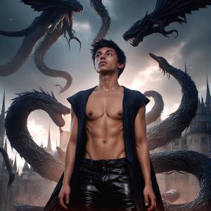 AI male art photos with a fantastical atmosphere. Imagine a Hogwarts School of Witchcraft student, from the Harry Potter series, a handsome, beautiful, and attractive, shirtless young teenage boy, standing firm against a threat. With a detailed Hogwarts castle background, casting a powerful spell, conjuring creatures based on their assigned house crest. From Demonic snakes, powerful lions, fierce badgers, or a murder of Crows. Dementors floating ominously in a cloudy sky, and sparks, shadows, and cinematic lighting, offering an otherworldly vibe.