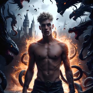 AI male art photos with a fantastical atmosphere. Imagine a Hogwarts School of Witchcraft student, from the Harry Potter series, a handsome, beautiful, and attractive, shirtless young teenage boy, standing firm against a threat. With a detailed Hogwarts castle background, casting a powerful spell, conjuring creatures based on their assigned house crest. From Demonic snakes, powerful lions, fierce badgers, or a murder of Crows. Dementors floating ominously in a cloudy sky, and sparks, shadows, and cinematic lighting, offering an otherworldly vibe.