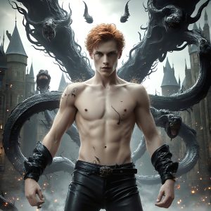 AI male art photos with a fantastical atmosphere. Imagine a Hogwarts School of Witchcraft student, from the Harry Potter series, a handsome, beautiful, and attractive, shirtless young teenage boy, standing firm against a threat. With a detailed Hogwarts castle background, casting a powerful spell, conjuring creatures based on their assigned house crest. From Demonic snakes, powerful lions, fierce badgers, or a murder of Crows. Dementors floating ominously in a cloudy sky, and sparks, shadows, and cinematic lighting, offering an otherworldly vibe.