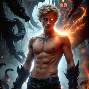 AI male art photos with a fantastical atmosphere. Imagine a Hogwarts School of Witchcraft student, from the Harry Potter series, a handsome, beautiful, and attractive, shirtless young teenage boy, standing firm against a threat. With a detailed Hogwarts castle background, casting a powerful spell, conjuring creatures based on their assigned house crest. From Demonic snakes, powerful lions, fierce badgers, or a murder of Crows. Dementors floating ominously in a cloudy sky, and sparks, shadows, and cinematic lighting, offering an otherworldly vibe.