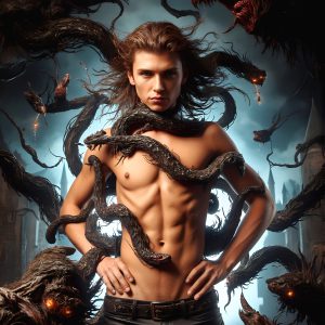 AI male art photos with a fantastical atmosphere. Imagine a Hogwarts School of Witchcraft student, from the Harry Potter series, a handsome, beautiful, and attractive, shirtless young teenage boy, standing firm against a threat. With a detailed Hogwarts castle background, casting a powerful spell, conjuring creatures based on their assigned house crest. From Demonic snakes, powerful lions, fierce badgers, or a murder of Crows. Dementors floating ominously in a cloudy sky, and sparks, shadows, and cinematic lighting, offering an otherworldly vibe.