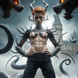AI male art photos with a fantastical atmosphere. Imagine a Hogwarts School of Witchcraft student, from the Harry Potter series, a handsome, beautiful, and attractive, shirtless young teenage boy, standing firm against a threat. With a detailed Hogwarts castle background, casting a powerful spell, conjuring creatures based on their assigned house crest. From Demonic snakes, powerful lions, fierce badgers, or a murder of Crows. Dementors floating ominously in a cloudy sky, and sparks, shadows, and cinematic lighting, offering an otherworldly vibe.