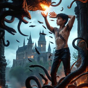 AI male art photos with a fantastical atmosphere. Imagine a Hogwarts School of Witchcraft student, from the Harry Potter series, a handsome, beautiful, and attractive, shirtless young teenage boy, standing firm against a threat. With a detailed Hogwarts castle background, casting a powerful spell, conjuring creatures based on their assigned house crest. From Demonic snakes, powerful lions, fierce badgers, or a murder of Crows. Dementors floating ominously in a cloudy sky, and sparks, shadows, and cinematic lighting, offering an otherworldly vibe.