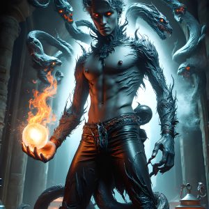 AI male art photos with a fantastical atmosphere. Imagine a Hogwarts School of Witchcraft student, from the Harry Potter series, a handsome, beautiful, and attractive, shirtless young teenage boy, standing firm against a threat. With a detailed Hogwarts castle background, casting a powerful spell, conjuring creatures based on their assigned house crest. From Demonic snakes, powerful lions, fierce badgers, or a murder of Crows. Dementors floating ominously in a cloudy sky, and sparks, shadows, and cinematic lighting, offering an otherworldly vibe.