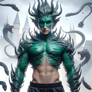 AI male art photos with a fantastical atmosphere. Imagine a Hogwarts School of Witchcraft student, from the Harry Potter series, a handsome, beautiful, and attractive, shirtless young teenage boy, standing firm against a threat. With a detailed Hogwarts castle background, casting a powerful spell, conjuring creatures based on their assigned house crest. From Demonic snakes, powerful lions, fierce badgers, or a murder of Crows. Dementors floating ominously in a cloudy sky, and sparks, shadows, and cinematic lighting, offering an otherworldly vibe.