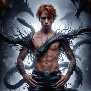 AI male art photos with a fantastical atmosphere. Imagine a Hogwarts School of Witchcraft student, from the Harry Potter series, a handsome, beautiful, and attractive, shirtless young teenage boy, standing firm against a threat. With a detailed Hogwarts castle background, casting a powerful spell, conjuring creatures based on their assigned house crest. From Demonic snakes, powerful lions, fierce badgers, or a murder of Crows. Dementors floating ominously in a cloudy sky, and sparks, shadows, and cinematic lighting, offering an otherworldly vibe.