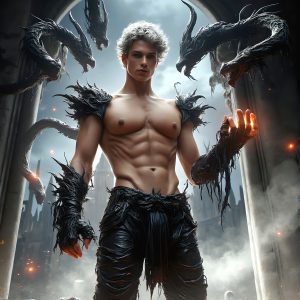 AI male art photos with a fantastical atmosphere. Imagine a Hogwarts School of Witchcraft student, from the Harry Potter series, a handsome, beautiful, and attractive, shirtless young teenage boy, standing firm against a threat. With a detailed Hogwarts castle background, casting a powerful spell, conjuring creatures based on their assigned house crest. From Demonic snakes, powerful lions, fierce badgers, or a murder of Crows. Dementors floating ominously in a cloudy sky, and sparks, shadows, and cinematic lighting, offering an otherworldly vibe.