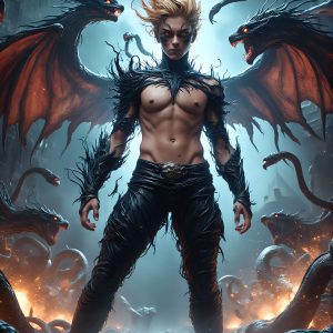 AI male art photos with a fantastical atmosphere. Imagine a Hogwarts School of Witchcraft student, from the Harry Potter series, a handsome, beautiful, and attractive, shirtless young teenage boy, standing firm against a threat. With a detailed Hogwarts castle background, casting a powerful spell, conjuring creatures based on their assigned house crest. From Demonic snakes, powerful lions, fierce badgers, or a murder of Crows. Dementors floating ominously in a cloudy sky, and sparks, shadows, and cinematic lighting, offering an otherworldly vibe.