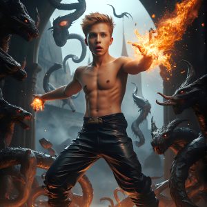 AI male art photos with a fantastical atmosphere. Imagine a Hogwarts School of Witchcraft student, from the Harry Potter series, a handsome, beautiful, and attractive, shirtless young teenage boy, standing firm against a threat. With a detailed Hogwarts castle background, casting a powerful spell, conjuring creatures based on their assigned house crest. From Demonic snakes, powerful lions, fierce badgers, or a murder of Crows. Dementors floating ominously in a cloudy sky, and sparks, shadows, and cinematic lighting, offering an otherworldly vibe.