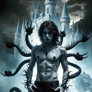 AI male art photos with a fantastical atmosphere. Imagine a Hogwarts School of Witchcraft student, from the Harry Potter series, a handsome, beautiful, and attractive, shirtless young teenage boy, standing firm against a threat. With a detailed Hogwarts castle background, casting a powerful spell, conjuring creatures based on their assigned house crest. From Demonic snakes, powerful lions, fierce badgers, or a murder of Crows. Dementors floating ominously in a cloudy sky, and sparks, shadows, and cinematic lighting, offering an otherworldly vibe.