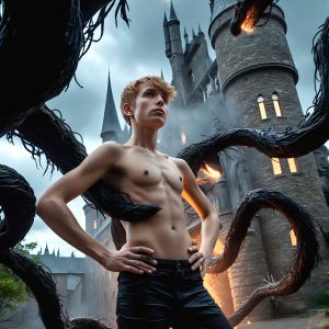 AI male art photos with a fantastical atmosphere. Imagine a Hogwarts School of Witchcraft student, from the Harry Potter series, a handsome, beautiful, and attractive, shirtless young teenage boy, standing firm against a threat. With a detailed Hogwarts castle background, casting a powerful spell, conjuring creatures based on their assigned house crest. From Demonic snakes, powerful lions, fierce badgers, or a murder of Crows. Dementors floating ominously in a cloudy sky, and sparks, shadows, and cinematic lighting, offering an otherworldly vibe.