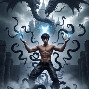 AI male art photos with a fantastical atmosphere. Imagine a Hogwarts School of Witchcraft student, from the Harry Potter series, a handsome, beautiful, and attractive, shirtless young teenage boy, standing firm against a threat. With a detailed Hogwarts castle background, casting a powerful spell, conjuring creatures based on their assigned house crest. From Demonic snakes, powerful lions, fierce badgers, or a murder of Crows. Dementors floating ominously in a cloudy sky, and sparks, shadows, and cinematic lighting, offering an otherworldly vibe.