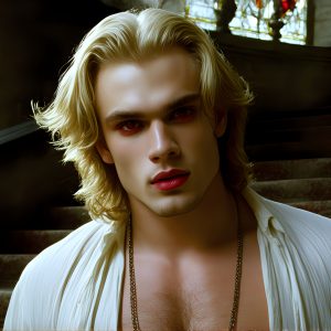 The Vampire Lestat de Lioncourt, created by Anne Rice, is a fascinating and complex character in The Vampire Chronicles novels. He's known for his captivating blend of vampiric existence and a lingering humanity. From Interview with a Vampire, The Vampire Lestat, and Queen of the Damned novels. I've created a series of images that I feel represent the man behind the vampire. In the midst of the darkness, a scary figure emerges with an aura of power and magnetism. Around his neck, a bold silver necklace glimmers, adding a touch of regal elegance to his dark ensemble. His lips, a vivid shade of red, open slightly to reveal his true nature, as he reveals his fangs, and a predatory grin from his stunningly handsome face, hinting at his primal nature. Strands of hair cascade around his face, capturing the silvery glow of the bright moonlight, and adding a touch of mystery to his intense visage, as they blow back in the wind.