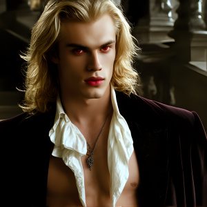 The Vampire Lestat de Lioncourt, created by Anne Rice, is a fascinating and complex character in The Vampire Chronicles novels. He's known for his captivating blend of vampiric existence and a lingering humanity. From Interview with a Vampire, The Vampire Lestat, and Queen of the Damned novels. I've created a series of images that I feel represent the man behind the vampire. In the midst of the darkness, a scary figure emerges with an aura of power and magnetism. Around his neck, a bold silver necklace glimmers, adding a touch of regal elegance to his dark ensemble. His lips, a vivid shade of red, open slightly to reveal his true nature, as he reveals his fangs, and a predatory grin from his stunningly handsome face, hinting at his primal nature. Strands of hair cascade around his face, capturing the silvery glow of the bright moonlight, and adding a touch of mystery to his intense visage, as they blow back in the wind.