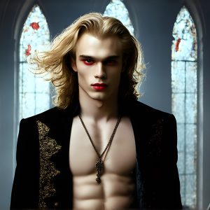 The Vampire Lestat de Lioncourt, created by Anne Rice, is a fascinating and complex character in The Vampire Chronicles novels. He's known for his captivating blend of vampiric existence and a lingering humanity. From Interview with a Vampire, The Vampire Lestat, and Queen of the Damned novels. I've created a series of images that I feel represent the man behind the vampire. In the midst of the darkness, a scary figure emerges with an aura of power and magnetism. Around his neck, a bold silver necklace glimmers, adding a touch of regal elegance to his dark ensemble. His lips, a vivid shade of red, open slightly to reveal his true nature, as he reveals his fangs, and a predatory grin from his stunningly handsome face, hinting at his primal nature. Strands of hair cascade around his face, capturing the silvery glow of the bright moonlight, and adding a touch of mystery to his intense visage, as they blow back in the wind.
