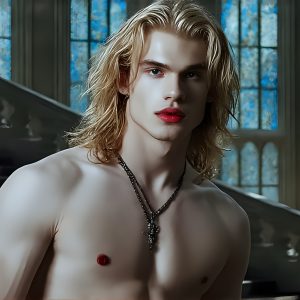 The Vampire Lestat de Lioncourt, created by Anne Rice, is a fascinating and complex character in The Vampire Chronicles novels. He's known for his captivating blend of vampiric existence and a lingering humanity. From Interview with a Vampire, The Vampire Lestat, and Queen of the Damned novels. I've created a series of images that I feel represent the man behind the vampire. In the midst of the darkness, a scary figure emerges with an aura of power and magnetism. Around his neck, a bold silver necklace glimmers, adding a touch of regal elegance to his dark ensemble. His lips, a vivid shade of red, open slightly to reveal his true nature, as he reveals his fangs, and a predatory grin from his stunningly handsome face, hinting at his primal nature. Strands of hair cascade around his face, capturing the silvery glow of the bright moonlight, and adding a touch of mystery to his intense visage, as they blow back in the wind.