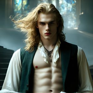 The Vampire Lestat de Lioncourt, created by Anne Rice, is a fascinating and complex character in The Vampire Chronicles novels. He's known for his captivating blend of vampiric existence and a lingering humanity. From Interview with a Vampire, The Vampire Lestat, and Queen of the Damned novels. I've created a series of images that I feel represent the man behind the vampire. In the midst of the darkness, a scary figure emerges with an aura of power and magnetism. Around his neck, a bold silver necklace glimmers, adding a touch of regal elegance to his dark ensemble. His lips, a vivid shade of red, open slightly to reveal his true nature, as he reveals his fangs, and a predatory grin from his stunningly handsome face, hinting at his primal nature. Strands of hair cascade around his face, capturing the silvery glow of the bright moonlight, and adding a touch of mystery to his intense visage, as they blow back in the wind.