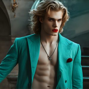 The Vampire Lestat de Lioncourt, created by Anne Rice, is a fascinating and complex character in The Vampire Chronicles novels. He's known for his captivating blend of vampiric existence and a lingering humanity. From Interview with a Vampire, The Vampire Lestat, and Queen of the Damned novels. I've created a series of images that I feel represent the man behind the vampire. In the midst of the darkness, a scary figure emerges with an aura of power and magnetism. Around his neck, a bold silver necklace glimmers, adding a touch of regal elegance to his dark ensemble. His lips, a vivid shade of red, open slightly to reveal his true nature, as he reveals his fangs, and a predatory grin from his stunningly handsome face, hinting at his primal nature. Strands of hair cascade around his face, capturing the silvery glow of the bright moonlight, and adding a touch of mystery to his intense visage, as they blow back in the wind.