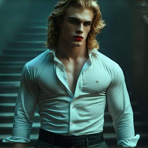 The Vampire Lestat de Lioncourt, created by Anne Rice, is a fascinating and complex character in The Vampire Chronicles novels. He's known for his captivating blend of vampiric existence and a lingering humanity. From Interview with a Vampire, The Vampire Lestat, and Queen of the Damned novels. I've created a series of images that I feel represent the man behind the vampire. In the midst of the darkness, a scary figure emerges with an aura of power and magnetism. Around his neck, a bold silver necklace glimmers, adding a touch of regal elegance to his dark ensemble. His lips, a vivid shade of red, open slightly to reveal his true nature, as he reveals his fangs, and a predatory grin from his stunningly handsome face, hinting at his primal nature. Strands of hair cascade around his face, capturing the silvery glow of the bright moonlight, and adding a touch of mystery to his intense visage, as they blow back in the wind.