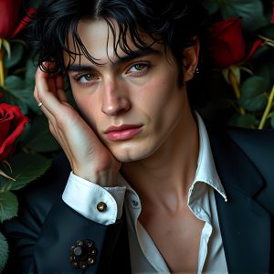 The Vampire Lestat de Lioncourt, created by Anne Rice, is a fascinating and complex character in The Vampire Chronicles novels. He's known for his captivating blend of vampiric existence and a lingering humanity. From Interview with a Vampire, The Vampire Lestat, and Queen of the Damned novels. I've created a series of images that I feel represent the man behind the vampire. In the midst of the darkness, a scary figure emerges with an aura of power and magnetism. Around his neck, a bold silver necklace glimmers, adding a touch of regal elegance to his dark ensemble. His lips, a vivid shade of red, open slightly to reveal his true nature, as he reveals his fangs, and a predatory grin from his stunningly handsome face, hinting at his primal nature. Strands of hair cascade around his face, capturing the silvery glow of the bright moonlight, and adding a touch of mystery to his intense visage, as they blow back in the wind.