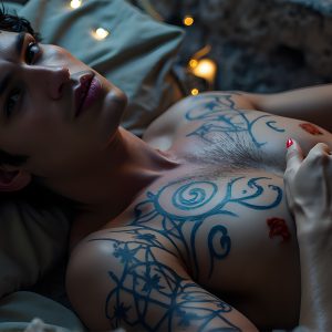 The Vampire Lestat de Lioncourt, created by Anne Rice, is a fascinating and complex character in The Vampire Chronicles novels. He's known for his captivating blend of vampiric existence and a lingering humanity. From Interview with a Vampire, The Vampire Lestat, and Queen of the Damned novels. I've created a series of images that I feel represent the man behind the vampire. In the midst of the darkness, a scary figure emerges with an aura of power and magnetism. Around his neck, a bold silver necklace glimmers, adding a touch of regal elegance to his dark ensemble. His lips, a vivid shade of red, open slightly to reveal his true nature, as he reveals his fangs, and a predatory grin from his stunningly handsome face, hinting at his primal nature. Strands of hair cascade around his face, capturing the silvery glow of the bright moonlight, and adding a touch of mystery to his intense visage, as they blow back in the wind.