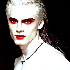The Vampire Lestat de Lioncourt, created by Anne Rice, is a fascinating and complex character in The Vampire Chronicles novels. He's known for his captivating blend of vampiric existence and a lingering humanity. From Interview with a Vampire, The Vampire Lestat, and Queen of the Damned novels. I've created a series of images that I feel represent the man behind the vampire. In the midst of the darkness, a scary figure emerges with an aura of power and magnetism. Around his neck, a bold silver necklace glimmers, adding a touch of regal elegance to his dark ensemble. His lips, a vivid shade of red, open slightly to reveal his true nature, as he reveals his fangs, and a predatory grin from his stunningly handsome face, hinting at his primal nature. Strands of hair cascade around his face, capturing the silvery glow of the bright moonlight, and adding a touch of mystery to his intense visage, as they blow back in the wind.