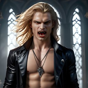 The Vampire Lestat de Lioncourt, created by Anne Rice, is a fascinating and complex character in The Vampire Chronicles novels. He's known for his captivating blend of vampiric existence and a lingering humanity. From Interview with a Vampire, The Vampire Lestat, and Queen of the Damned novels. I've created a series of images that I feel represent the man behind the vampire. In the midst of the darkness, a scary figure emerges with an aura of power and magnetism. Around his neck, a bold silver necklace glimmers, adding a touch of regal elegance to his dark ensemble. His lips, a vivid shade of red, open slightly to reveal his true nature, as he reveals his fangs, and a predatory grin from his stunningly handsome face, hinting at his primal nature. Strands of hair cascade around his face, capturing the silvery glow of the bright moonlight, and adding a touch of mystery to his intense visage, as they blow back in the wind.